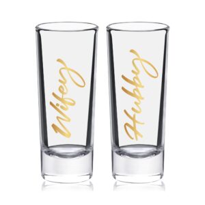 hubby&wifey shot glasses, stylish and unique wedding gift, for newlyweds, anniversary, bridal shower, and engagement, with stunning gold foil print
