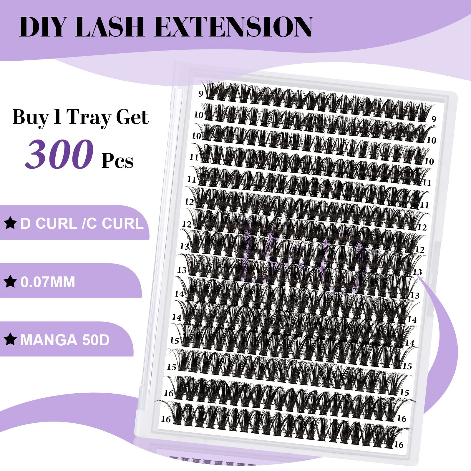 B&Q Manga Lash Clusters DIY Individual Lashes 50D-0.07D-9-16MIX 300 PCS False Eyelash Cluster Manga Lashes Cluster 30D 40D 50D D Curl Lash Clusters DIY lash Extensions at Home (50D-0.07D,9-16MIX)