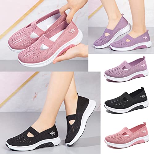 ELSHTIDE Women's Knit Mesh Breathable Slip On Platform Sneakers,Outdoor Non-Slip Comfort Orthopedic Diabetic Fashion Walking Shoes (Black,8.5)