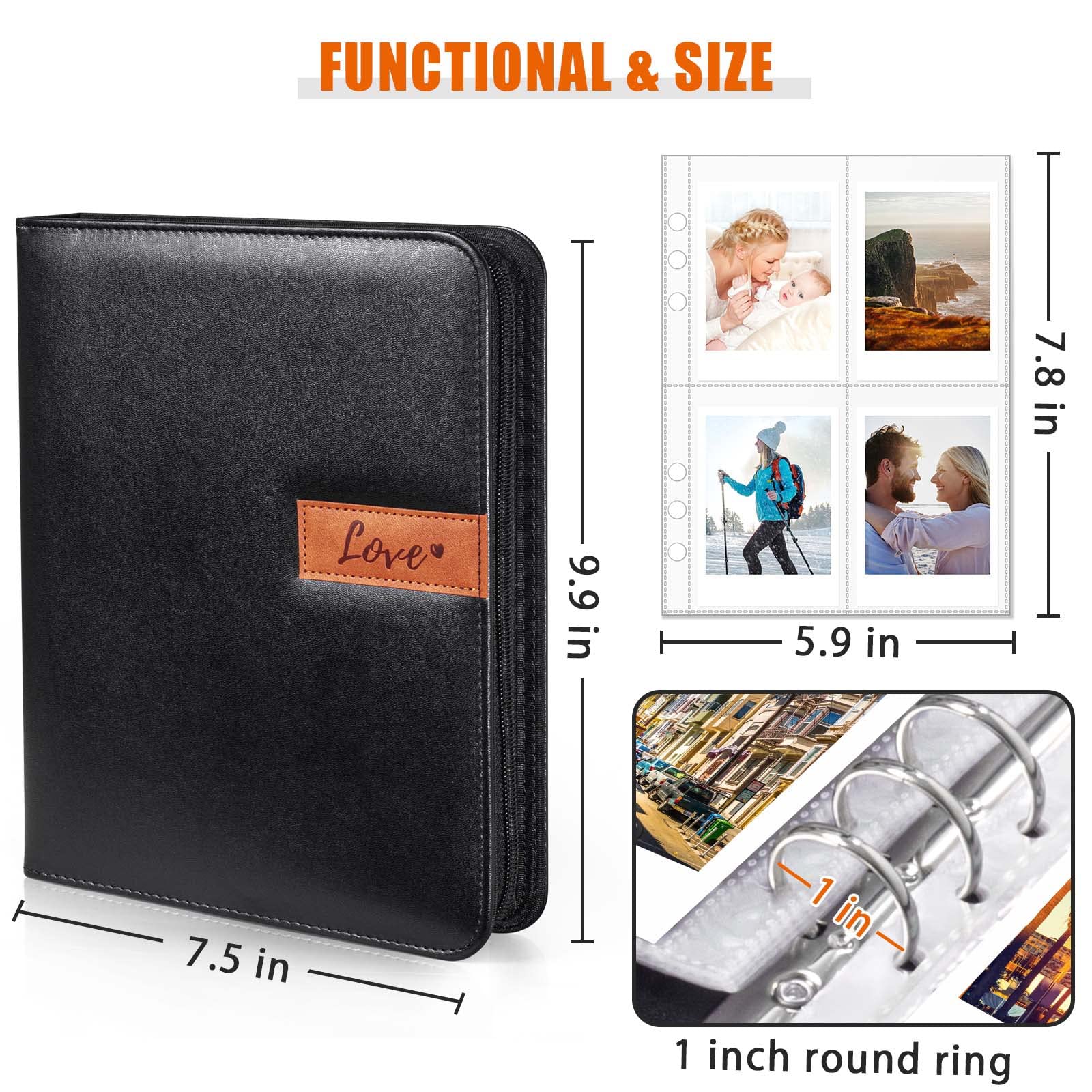 Zipper Photo Album Binder, Mini Photo Album, 25 Sleeves for Fujifilm Instax Mini 11 90 70 50S 26 25 9 8+ 7S Instant Camera, Photo card binder for Polaroid Snap Z2300 PIC-300P Film, Black