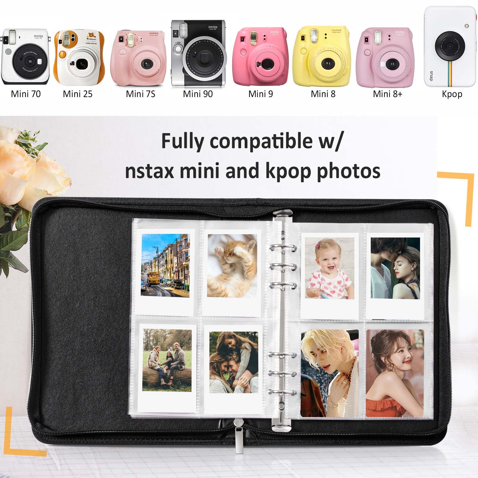 Zipper Photo Album Binder, Mini Photo Album, 25 Sleeves for Fujifilm Instax Mini 11 90 70 50S 26 25 9 8+ 7S Instant Camera, Photo card binder for Polaroid Snap Z2300 PIC-300P Film, Black