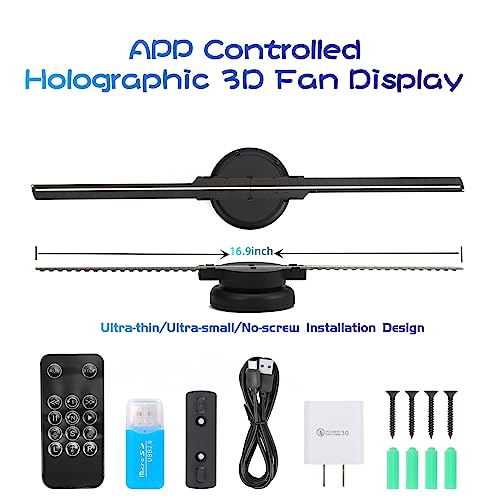 3D Hologram Fan Display-APP Controlled 16.9 Inch Holographic Projection LED Fan Display Advertising Projector with 256 LEDs 800+ Free 3D Video Library for Business Store Signs, Bar, Event, Exhibition