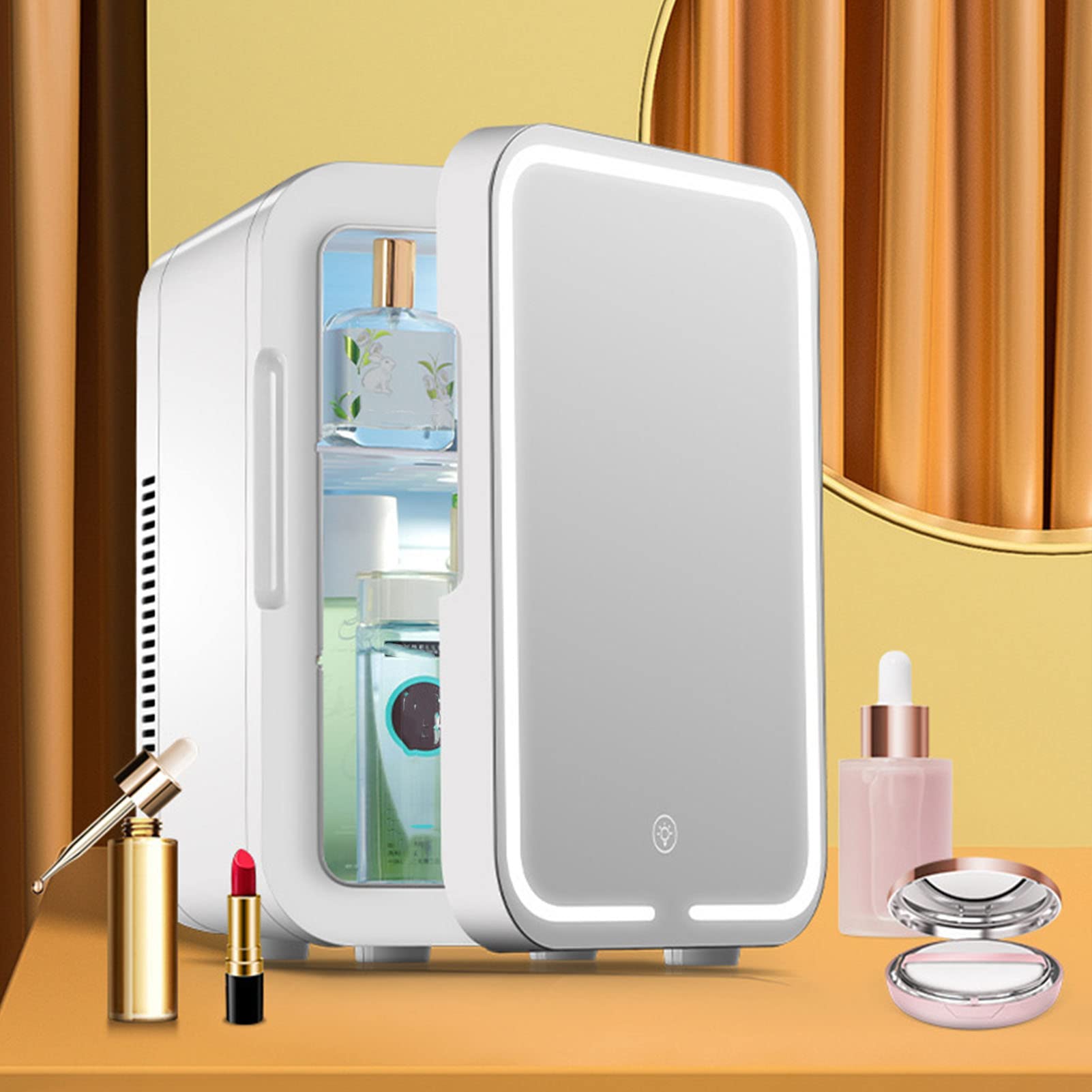 Mini Beauty Fridge, 10 Liters Beverage Refrigerator, Portable Beauty Freezer for Skincare, Breast Milk, Snacks, Medications and Beverage, Cooling and Heating, Mirrored Door