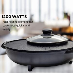 OVENTE Electric Hot Pot and Grill Combo, 2-in-1 Portable Countertop Cooker with Temperature Control Perfect for Korean BBQ, Shabu Shabu and Soup with Free Strainer, Chopsticks and Tong, Black GH10133B