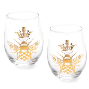mackenzie-childs queen bee stemless wine glasses, bee drinking glasses, decorative wine glasses, set of 4