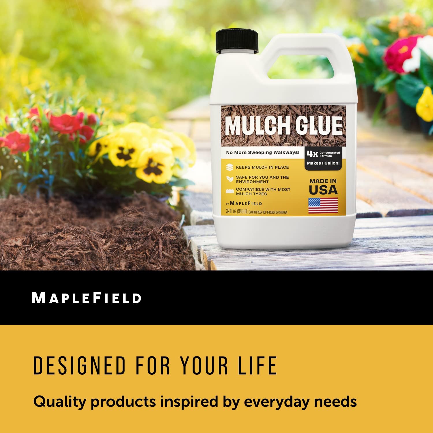 Maplefield Mulch Glue Concentrate 32 oz - 4X Strength - Adhesive for Rubber, Bark, & Straw Mulch - Superior Hold & Makes 1 Gallon for Garden & Outdoor Spaces