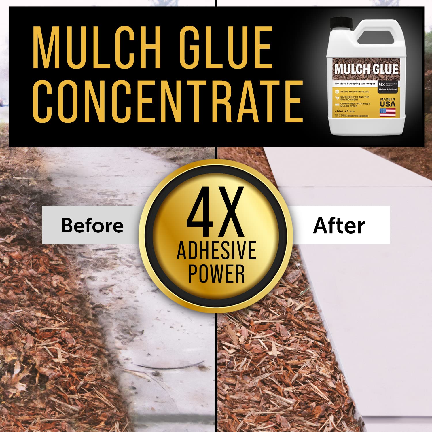 Maplefield Mulch Glue Concentrate 32 oz - 4X Strength - Adhesive for Rubber, Bark, & Straw Mulch - Superior Hold & Makes 1 Gallon for Garden & Outdoor Spaces