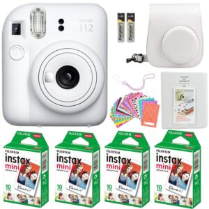 fujifilm instax mini 12 instant camera clay white with fujifilm instant mini film value pack (40 sheets) with accessories including carrying case with strap, photo album, stickers (clay white)