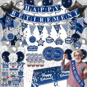 happy retirement party decorations blue - (89pack) blue party banner, pennant, hanging swirl, foil backdrops, balloons, tablecloths, cupcake topper,plates, photo props, retired sash