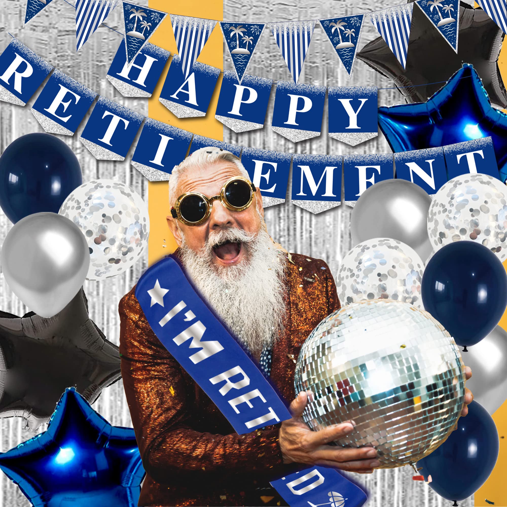 Happy Retirement Party Decorations blue - (89pack) blue party Banner, Pennant, Hanging Swirl, Foil Backdrops, balloons, Tablecloths, cupcake Topper,plates, Photo Props, retired Sash