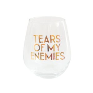 jollity & co witty wine glasses - “tears of my enemies” stemless wine glass with metallic gold lettering - set of 1 wine tumbler - novelty gifts - for wine, cocktails, summer drinks