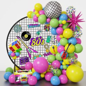 RUBFAC 90s 80s Theme Party Decorations Balloon Arch Kit Inflatable Disco Ball Microphone Rainbow Roller Skate Boom Box Guitar Exploding Star Balloon for Hip Hop Birthday Supplies