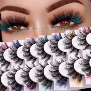 uranian false eyelashes colored fluffy faux mink lashes dramatic colorful russian strip eye lashes with color natural look lashes long volume fake eyelashes for women and girls(7 pairs)