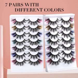 Uranian False Eyelashes Colored Fluffy Faux Mink Lashes Dramatic Colorful Russian Strip Eye Lashes with Color Natural Look Lashes Long Volume Fake Eyelashes for Women and Girls(7 Pairs)