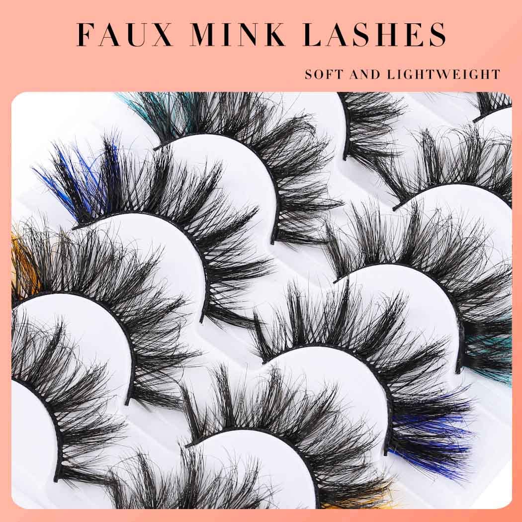 Uranian False Eyelashes Colored Fluffy Faux Mink Lashes Dramatic Colorful Russian Strip Eye Lashes with Color Natural Look Lashes Long Volume Fake Eyelashes for Women and Girls(7 Pairs)