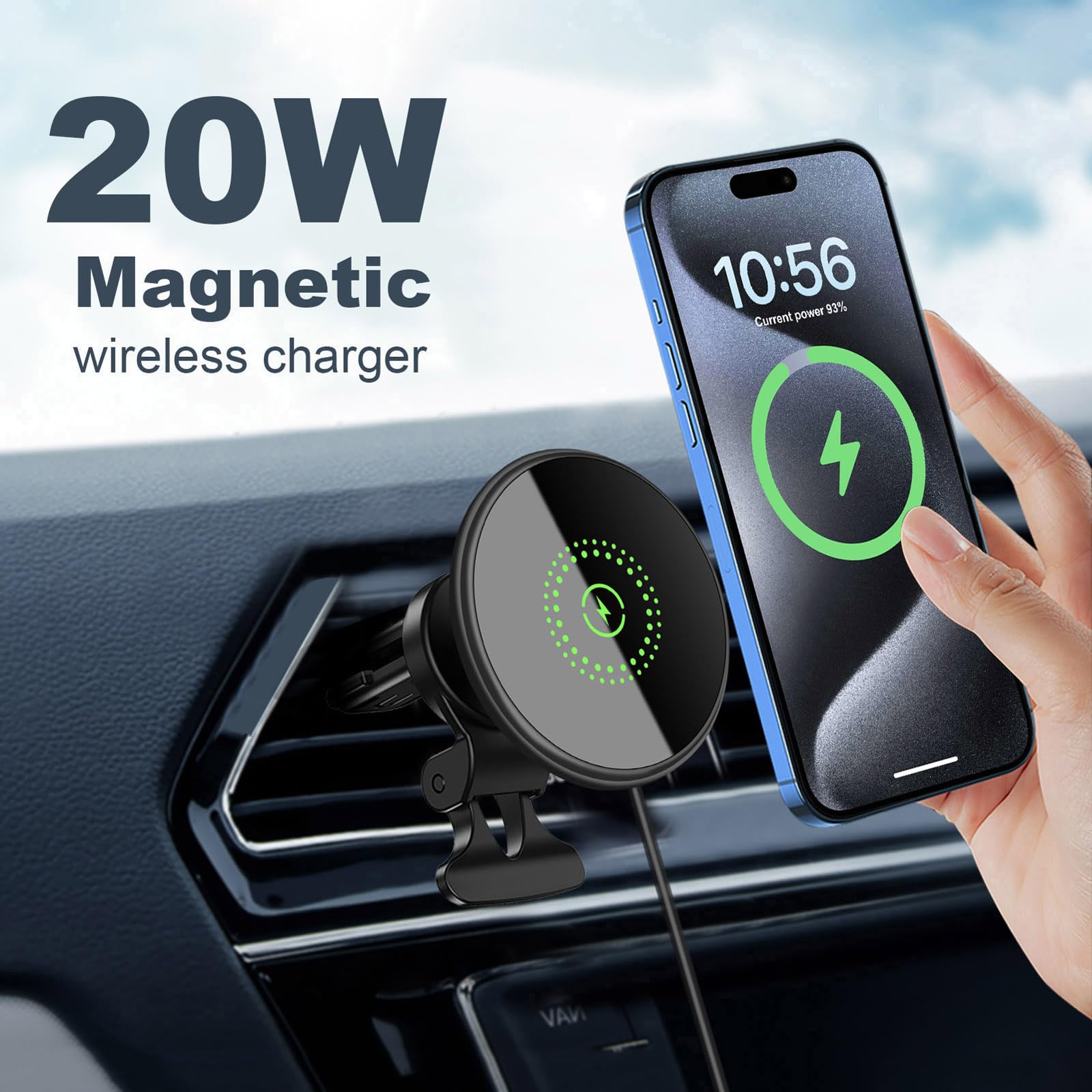 20W Magnetic Wireless Car Mount Charger, Compatible with MagSafe Car Charger Wireless Magnet Car Phone Holder Fast Charging for iPhone 14 15 Pro Max/14 Plus and 13/12 Series, Black