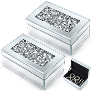 cunno 2 pcs silver crushed diamond glass jewelry box crystal mirrored storage organizer simple classic mirror box makeup holder for women ring accessories vanity dresser decor