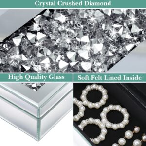 Cunno 2 Pcs Silver Crushed Diamond Glass Jewelry Box Crystal Mirrored Storage Organizer Simple Classic Mirror Box Makeup Holder for Women Ring Accessories Vanity Dresser Decor