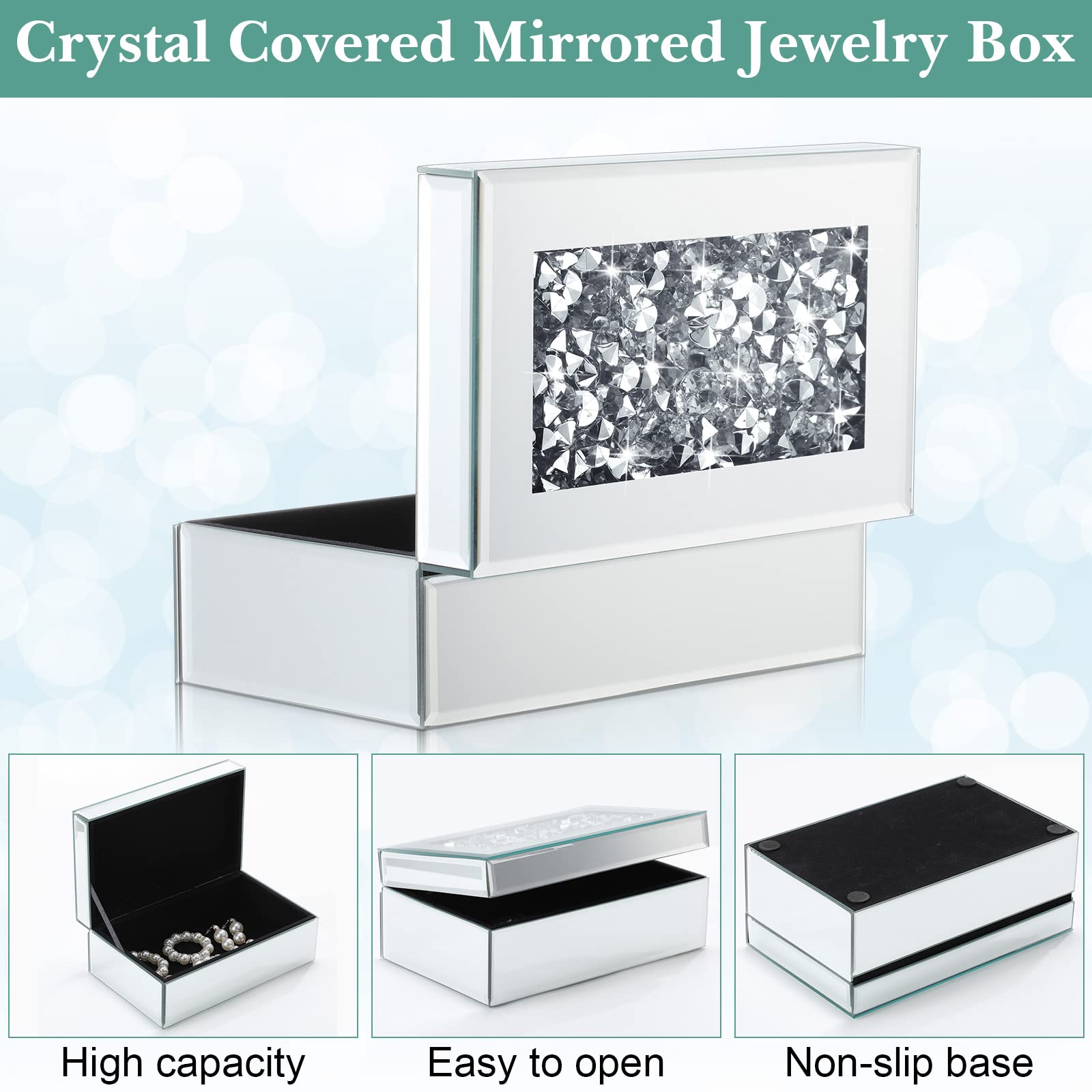 Cunno 2 Pcs Silver Crushed Diamond Glass Jewelry Box Crystal Mirrored Storage Organizer Simple Classic Mirror Box Makeup Holder for Women Ring Accessories Vanity Dresser Decor