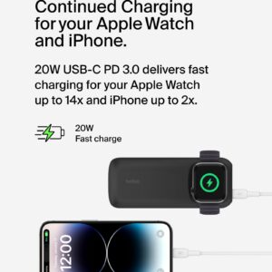 Belkin Wireless Charger Apple Watch Power Bank 10K with 12-inch USB-C to USB-C Cable, 33% Faster Charging - Simultaneous Charging for Apple Watch Series 9, iPhone 15, and More - 20W USB-C PD - Black