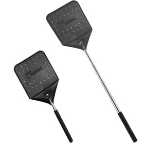 trieez flyswatter - long fly swatter, sturdy leather fly swatter, heavy duty telescopic flyswatter with durable stainless steel handle, rustic bug swatter for home and outdoors - (1 pcs)