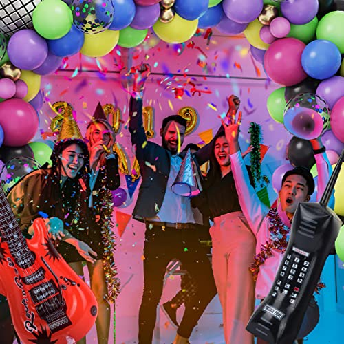 RUBFAC 80s 90s Theme Party Decorations 110Pcs Balloon Garland Kit 6PCS Inflatable Disco Ball Radio Boom Box Retro Mobile Phone Microphone Guitar Balloons for Back to 80s 90s Hip Hop Party Supplies