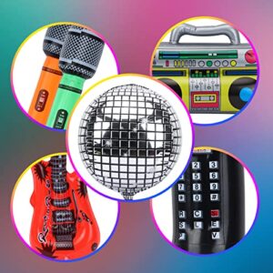 RUBFAC 80s 90s Theme Party Decorations 110Pcs Balloon Garland Kit 6PCS Inflatable Disco Ball Radio Boom Box Retro Mobile Phone Microphone Guitar Balloons for Back to 80s 90s Hip Hop Party Supplies
