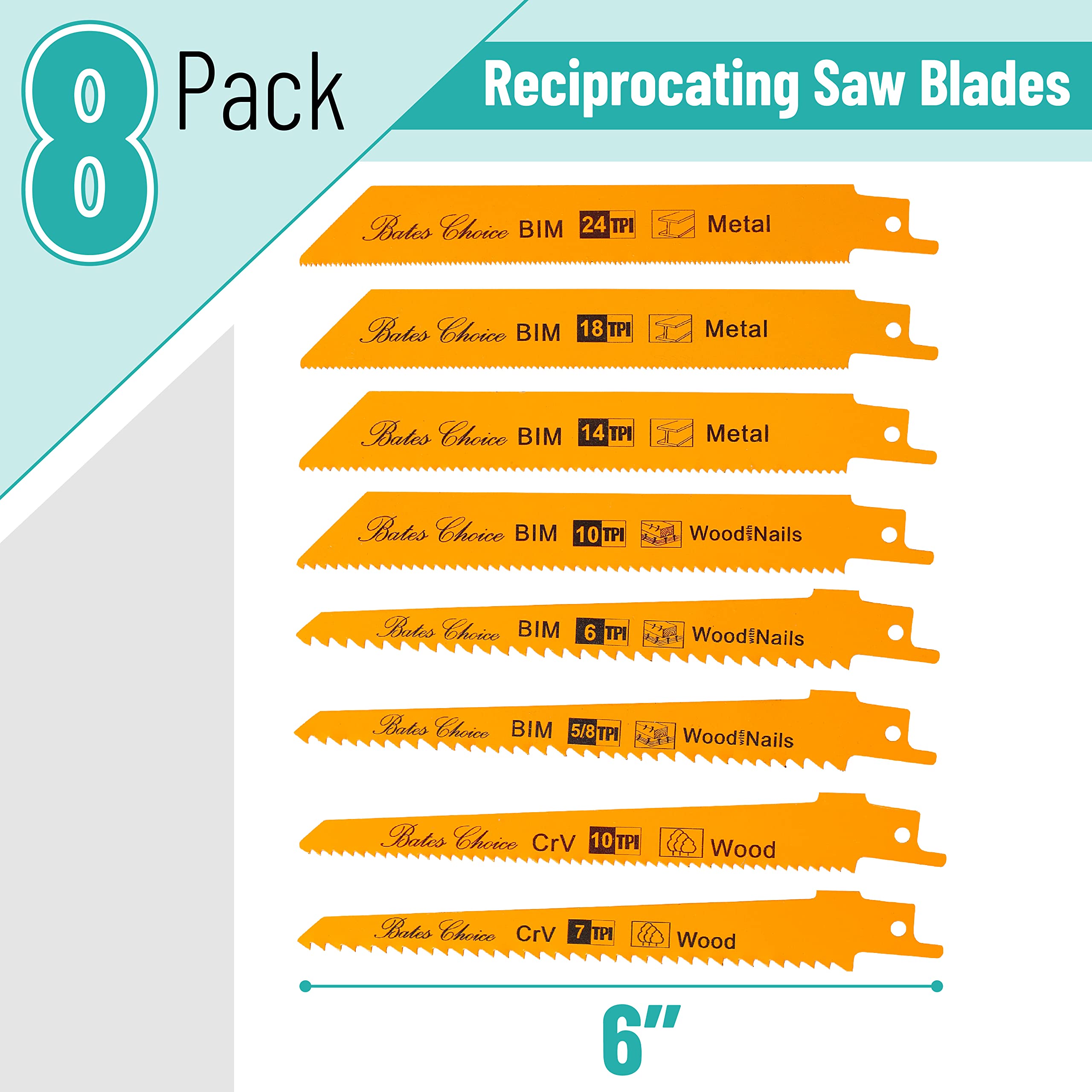 Bates- Reciprocating Saw Blades, 8 Pack, 6 inch, Saw Blade, Reciprocating Saw Blades Wood, Reciprocating Saw Blades Metal, Saw Blades Reciprocating Saw, Metal Cutting Reciprocating Saw Blades
