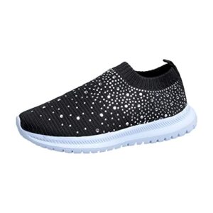 women's crystal breathable slip-on walking shoes, sparkly glitter mesh sneakers athletic walking shoes, ladies casual trainers sock jogging shoes (black,38)