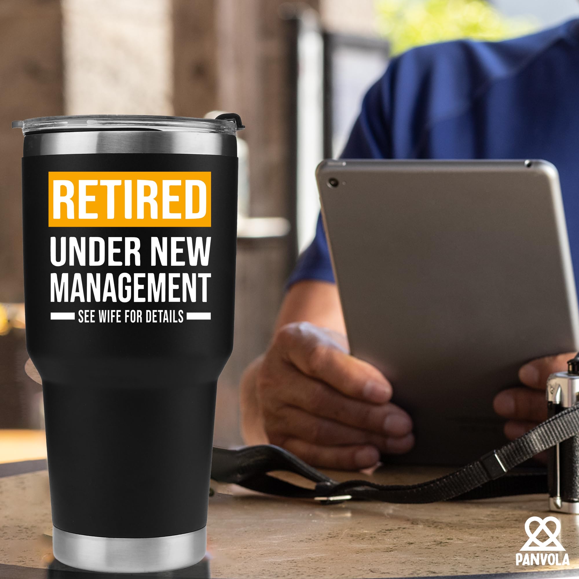 Panvola Retired Under New Management See Wife for Details Funny Retirement Gifts to Husband Retired Dad Retiree Mug Vacuum Insulated Tumbler 30 oz Black