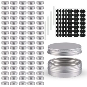 obkjj 102 pack round cans with screw lid 1 oz aluminum metal tins diy food candle containers for lotion bars, balms, salve, spices, beard balm, crafts with 4 markers 5 sheets label stickers (silver)