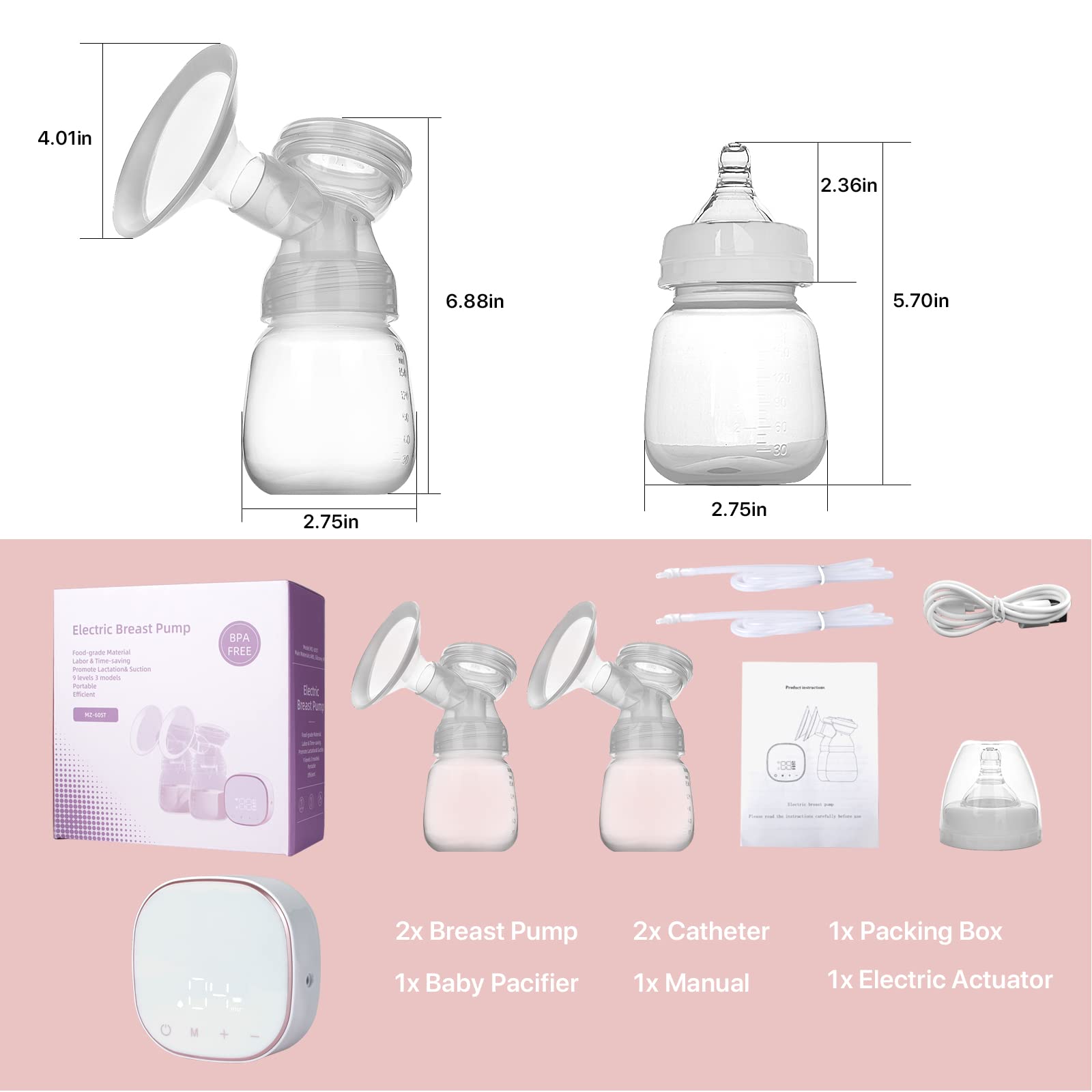 Double Breast Pump Auto Massage Low Noise Electric Breast Pump LCD Touch Screen Breast Pump, Hands Free Mommy, 3 Modes & 9 Levels, 22mm (white11)