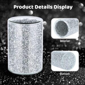 Crushed Diamond Silver Glass Kitchen Utensil Holder Round for Countertop Flatware Utensil Organizer Home Decor Sparkly Gift (Silver)