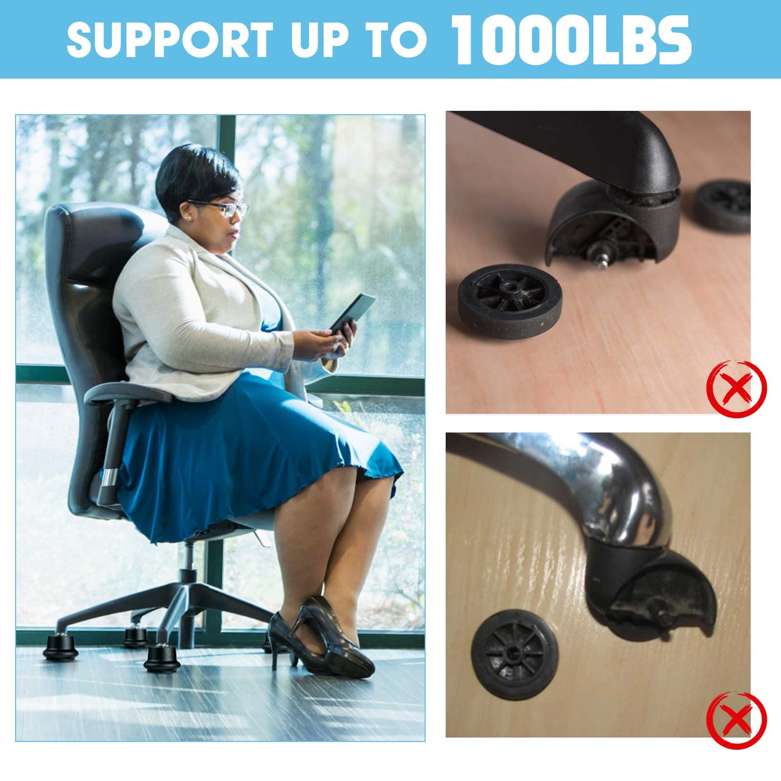 Bell Glides Replacement Office Chair Swivel Caster Wheels to Fixed Stationary Castors,with Separate Self Adhesive Felt Pads for Carpet,Desk Chair Feet Wheel Stopper, Black 5 Pcs