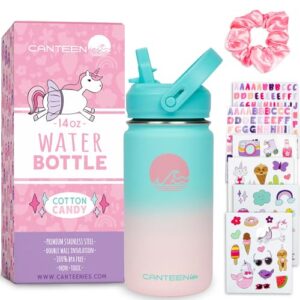 canteenies kids water bottle for school, 14 oz, straw lid, stickers, scrunchie, vacuum insulated stainless steel double walled, bpa free food-safe, leak-proof tumbler travel cup for girls