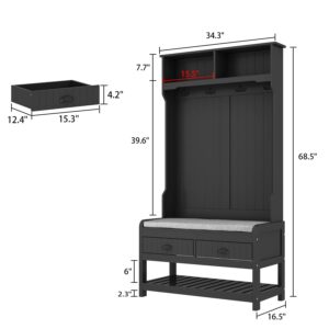 Homsee Modern Hall Tree with Storage Bench, 4-in-1 Entryway Bench with Coat Rack, Tall Hall Tree with 4 Metal Double Hooks, Shelves & 2 Drawers for Hallway, Living Room, Black