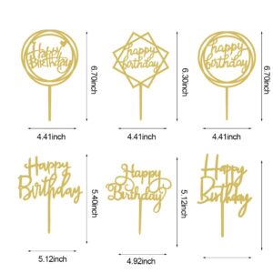 JYNice 6pcs Happy Birthday Acrylic Party Cake Toppers Mirror Gold Cake Topper Party Supplies for Children Birthday Cake Decorations Gifts