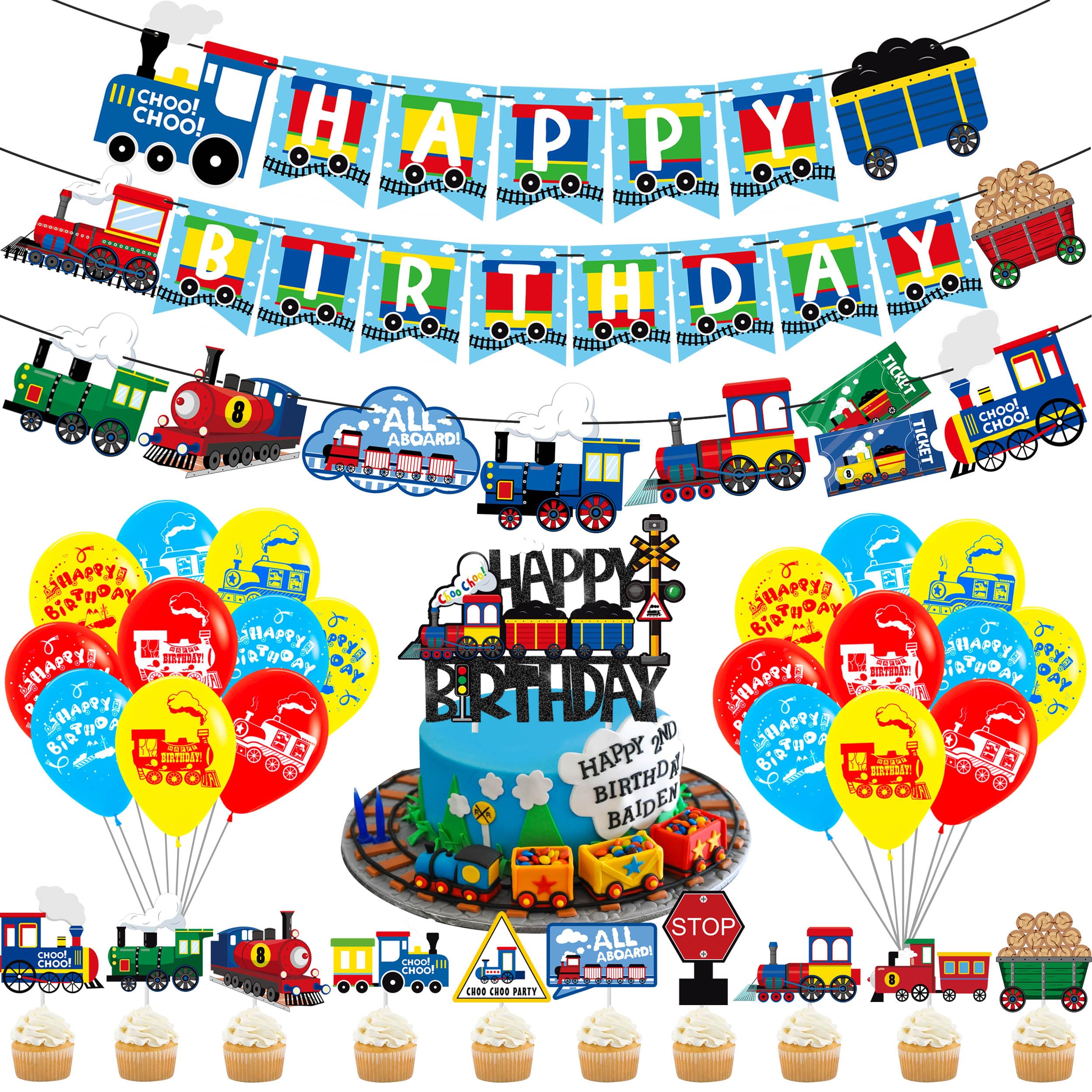 Train Party Decorations Train Birthday Party Supplies Railroad Happy Birthday Party Banners Cake Topper Steam Train Cupcake Toppers Railway Vehicle Ballons for Train Theme Baby Shower Supplies