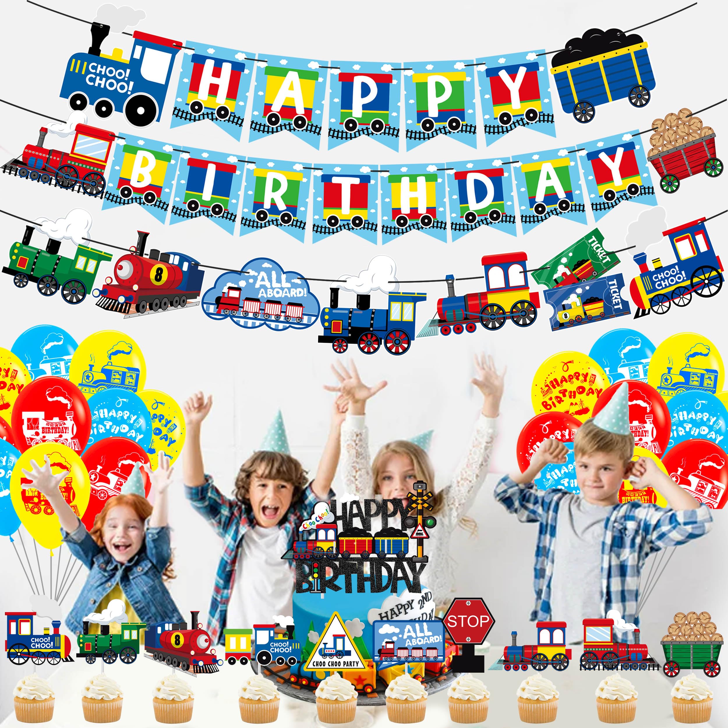 Train Party Decorations Train Birthday Party Supplies Railroad Happy Birthday Party Banners Cake Topper Steam Train Cupcake Toppers Railway Vehicle Ballons for Train Theme Baby Shower Supplies