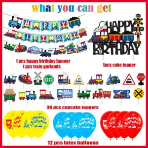 Train Party Decorations Train Birthday Party Supplies Railroad Happy Birthday Party Banners Cake Topper Steam Train Cupcake Toppers Railway Vehicle Ballons for Train Theme Baby Shower Supplies