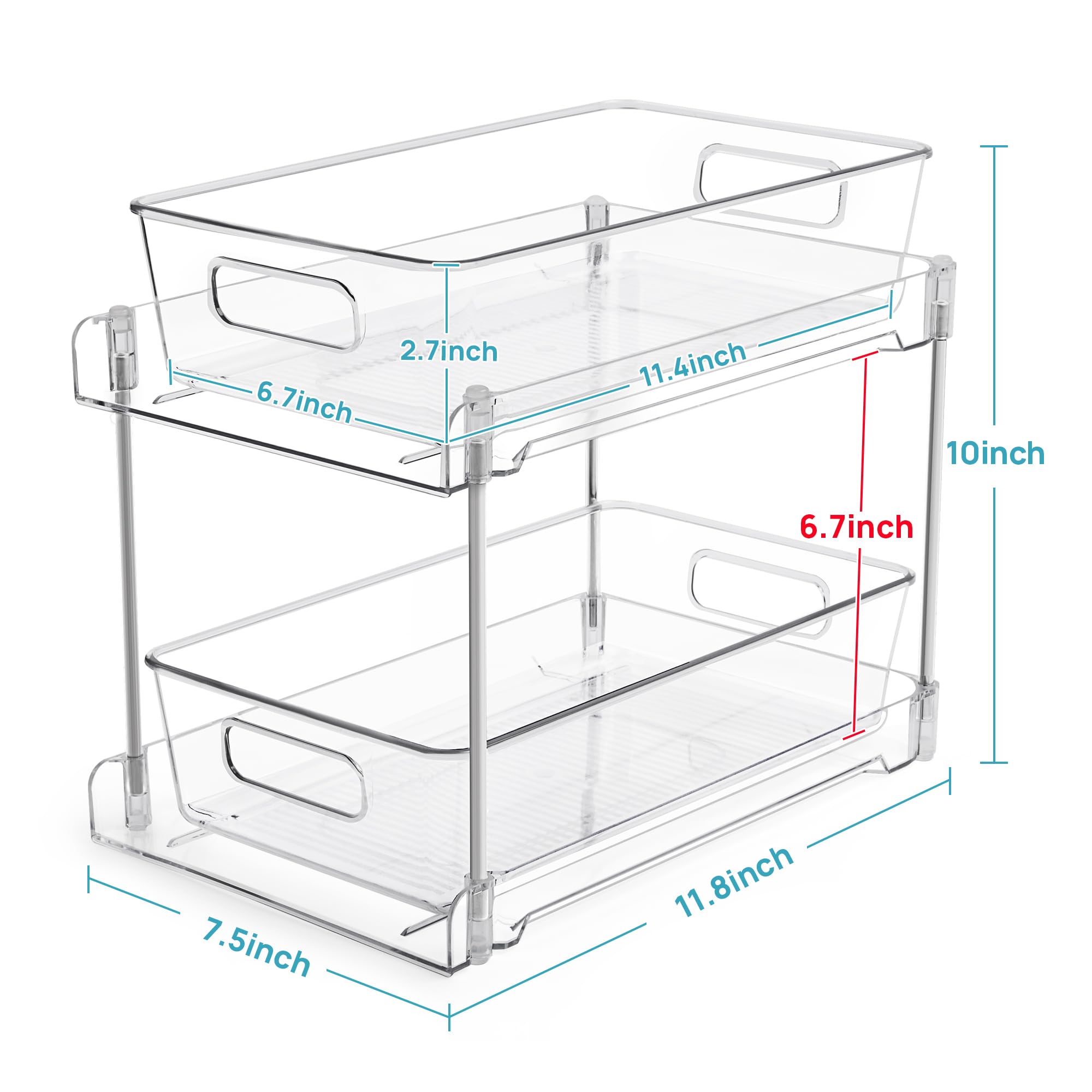 Vtopmart 2 Tier Bathroom Storage Organizer, 2 Pack Clear Under Sink Organizers Vanity Counter Storage Container, Medicine Cabinet Drawers Bins, Pull-Out Organization with Track for Pantry, Kitchen