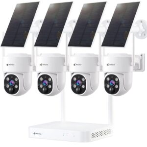 kittyhok solar security cameras wireless outdoor system | 4pcs 2k ultr hd pan tilt home solar security camera with human detection, spotlight | 10ch smart nvr, 60 days local storage (white pt kit)