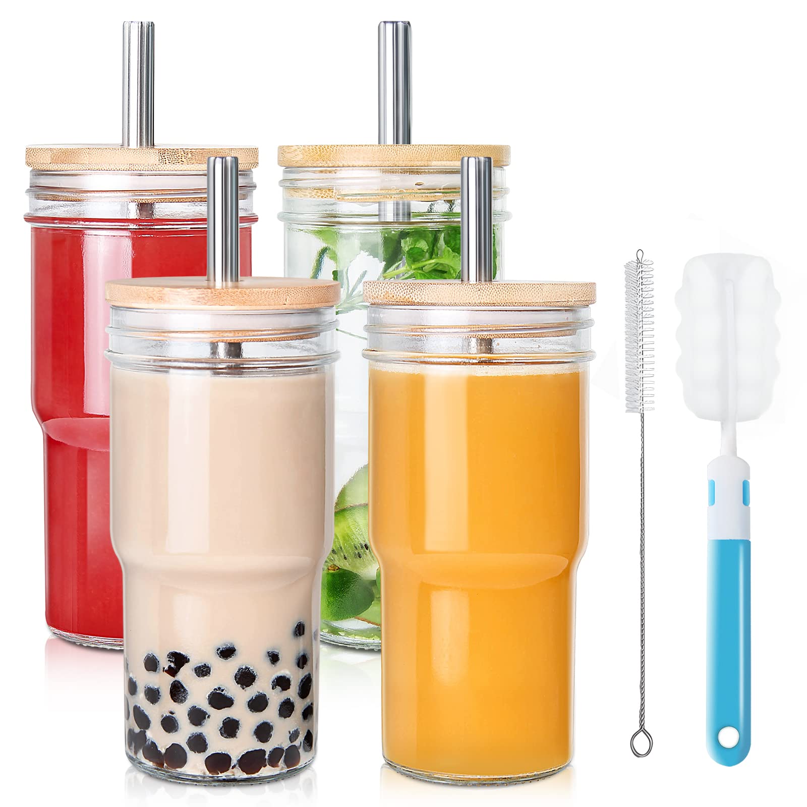 4 Pack Glass Cups with Bamboo Lids and Straws, 22 Oz Iced Coffee Cups Wide Mouth Smoothie Cup Reusable Cups, Glass Tumbler with Straw and Lid, Bubble Tea Cups for Pearl Tea, Juice- 2 Cleaning Brush