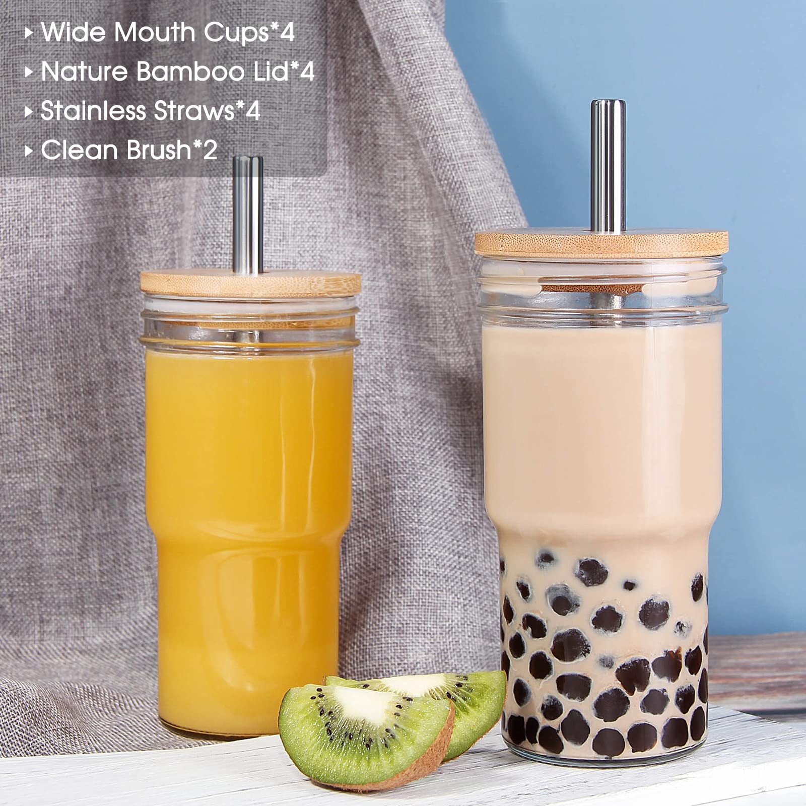 4 Pack Glass Cups with Bamboo Lids and Straws, 22 Oz Iced Coffee Cups Wide Mouth Smoothie Cup Reusable Cups, Glass Tumbler with Straw and Lid, Bubble Tea Cups for Pearl Tea, Juice- 2 Cleaning Brush