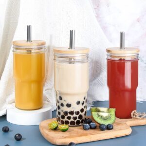 4 Pack Glass Cups with Bamboo Lids and Straws, 22 Oz Iced Coffee Cups Wide Mouth Smoothie Cup Reusable Cups, Glass Tumbler with Straw and Lid, Bubble Tea Cups for Pearl Tea, Juice- 2 Cleaning Brush