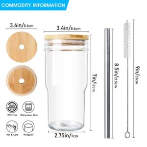 4 Pack Glass Cups with Bamboo Lids and Straws, 22 Oz Iced Coffee Cups Wide Mouth Smoothie Cup Reusable Cups, Glass Tumbler with Straw and Lid, Bubble Tea Cups for Pearl Tea, Juice- 2 Cleaning Brush