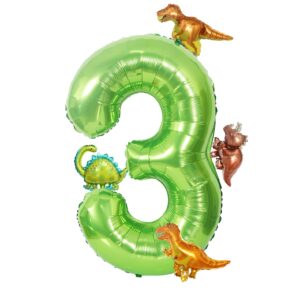 40 inch green number 3 with mini dinosaur balloon, tyrannosaurus rex velociraptor triceratops brontosaurus foil balloons for kid birthday cute dino baby shower party decorations