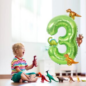 40 Inch Green Number 3 with Mini Dinosaur Balloon, Tyrannosaurus Rex Velociraptor Triceratops Brontosaurus Foil Balloons for Kid Birthday Cute Dino Baby Shower Party Decorations