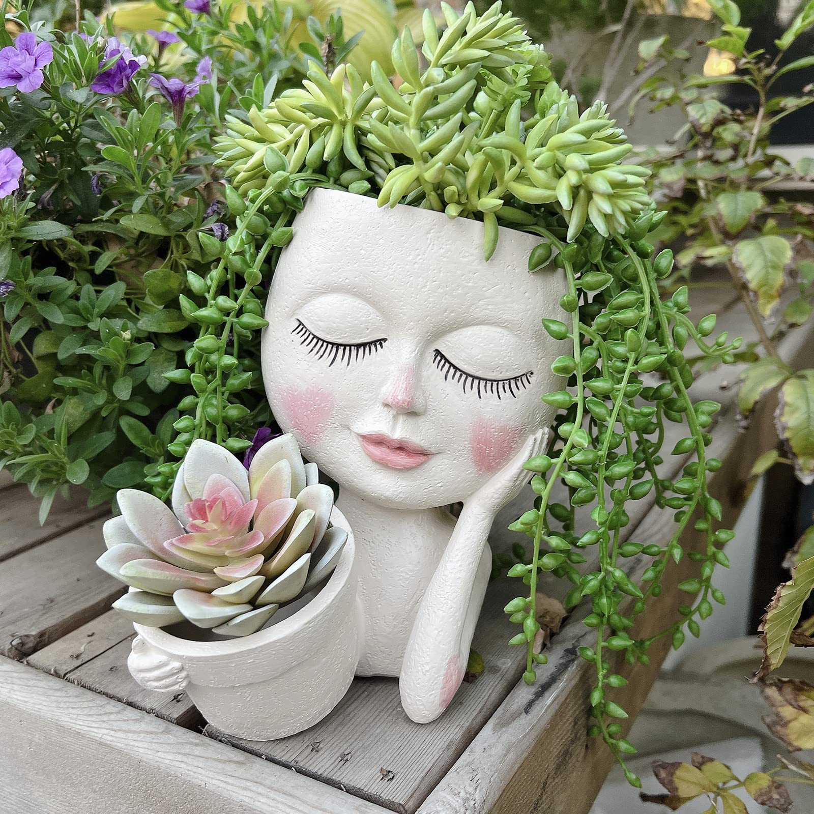 ASDFG Face Plant Pot - Double Flower Pots for Indoor Outdoor Plants Resin Head Planter with Drainage Hole Cute Lady Face Plant Pots, Garden Decoration Planters, Medium