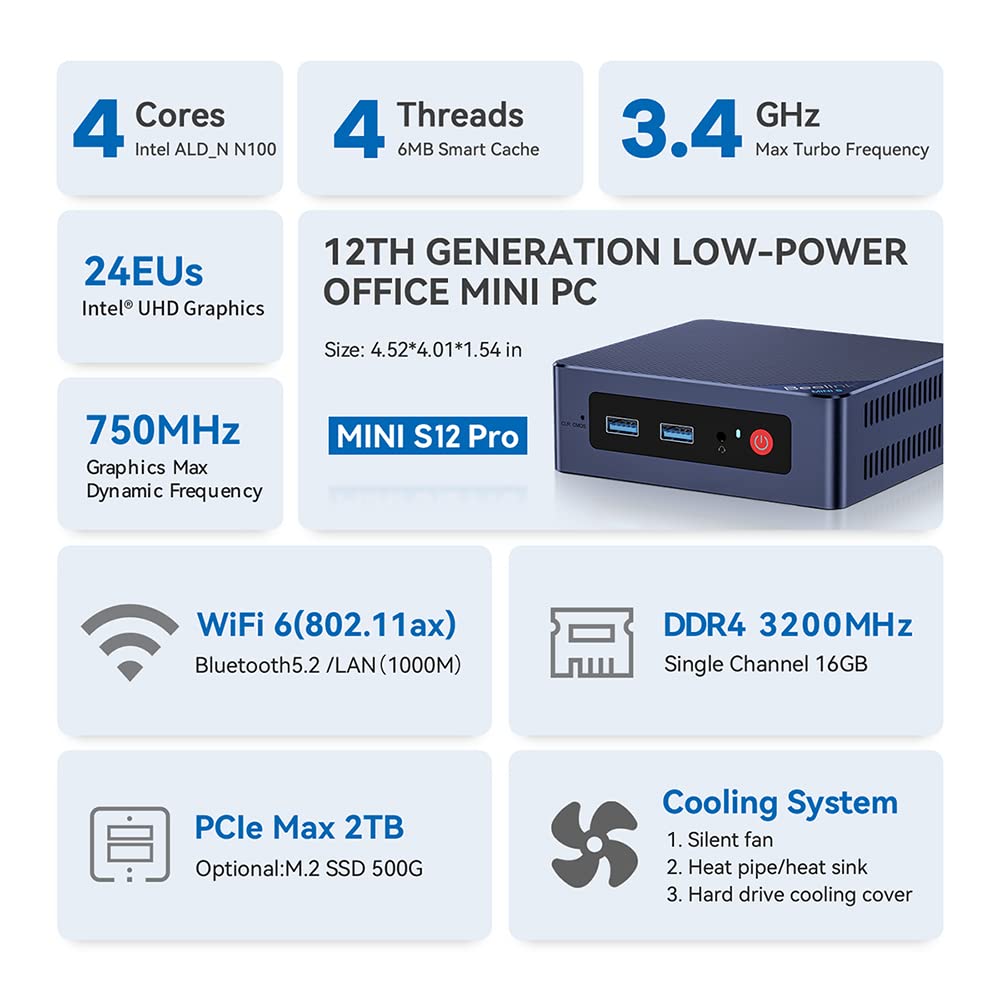 Beelink 16GB DDR4+500G SSD, Mini PC Newest 12th Gen Intel N100 4-Core(Up to 3.4GHz) Processor, Mini Computer Gigabit Ethernet WiFi6/BT5.2/Dual HDMI 4K Office Small PC